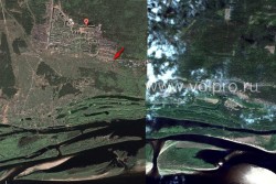 Вид со спутника всего п. Прибрежный. Красная стрелка - точное месторасположение земельного участка.